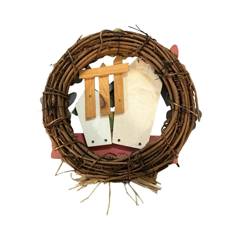 Vintage Grapevine Wreath Welcome Sign Birdhouse Butterfly Flower Rustic 13x13
